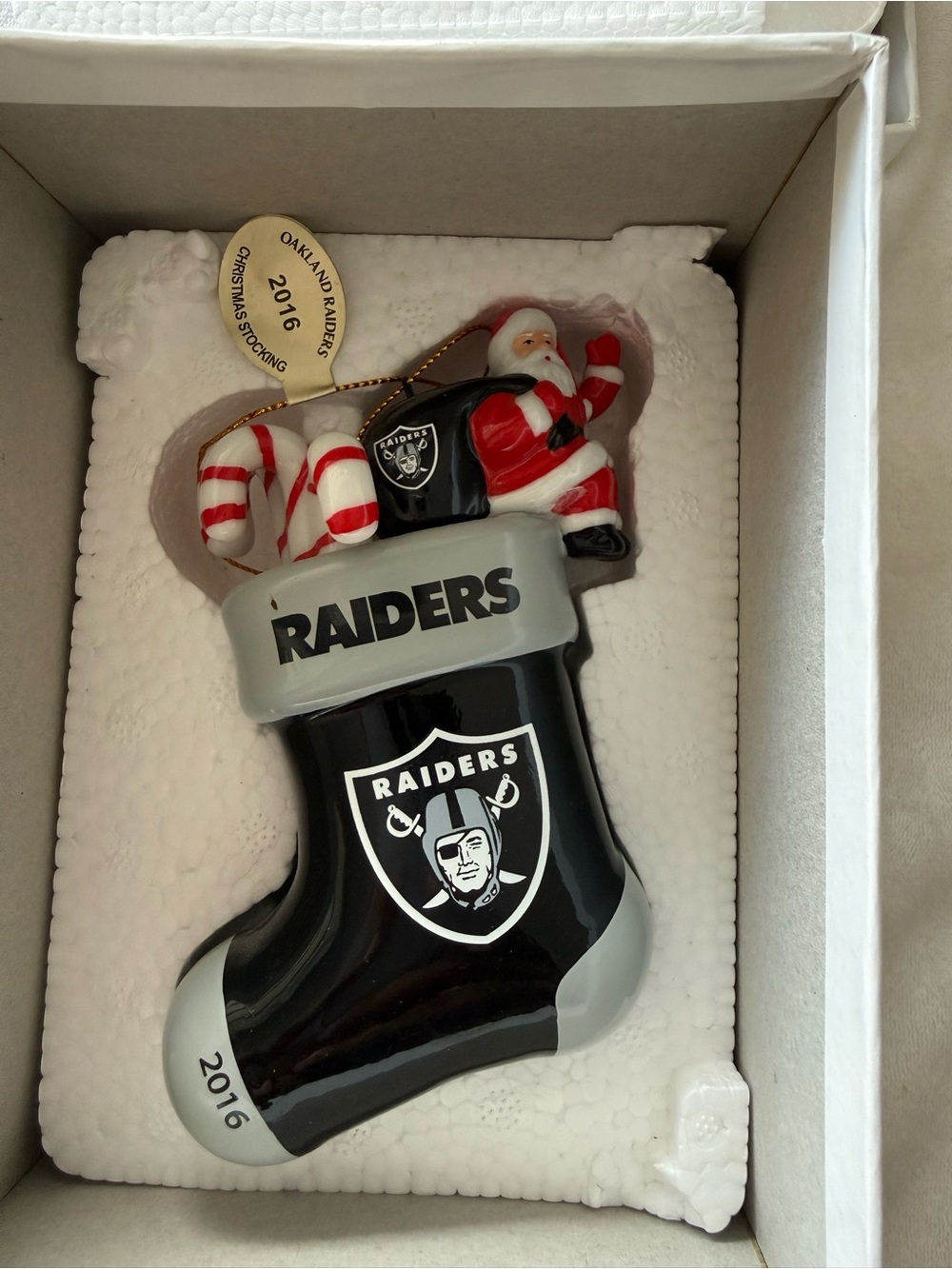 Danbury Mint Raiders Black and Silver Christmas Stocking Ornament